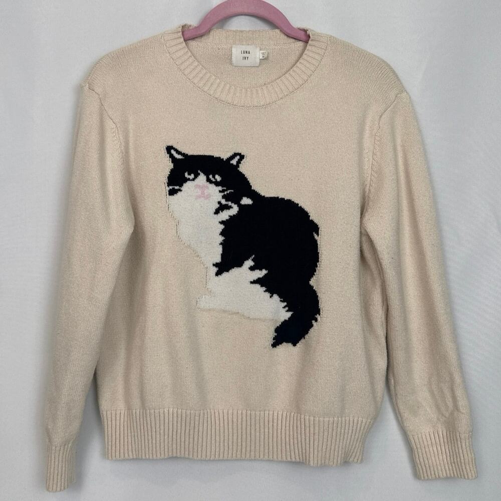 Luna Ivy Womens Tuxedo Cat Intarsia Knit Sweater Size M Cream Black Cozy Kitsch